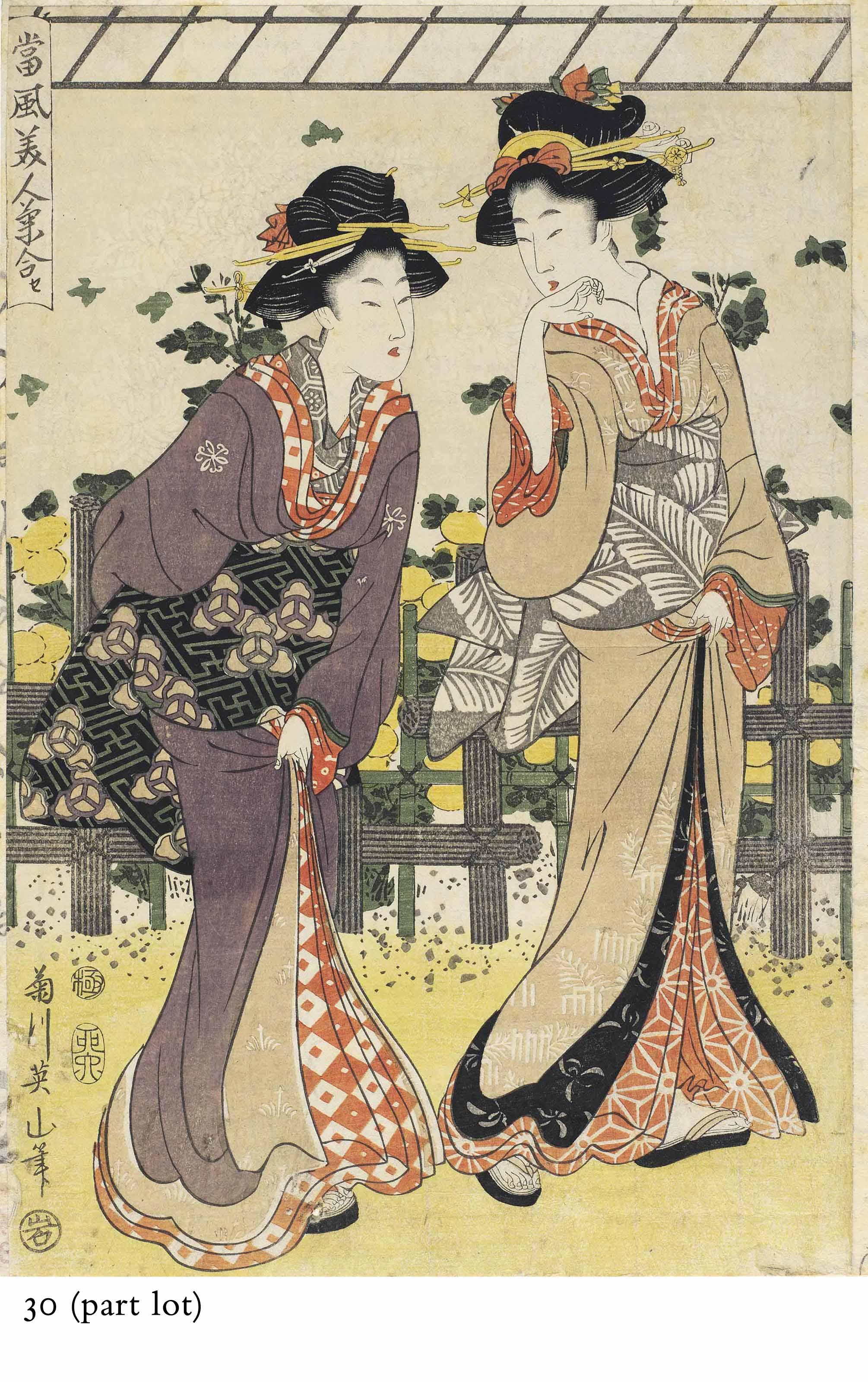 Kikugawa Eizan - A group of designs depicting bijin comprising twelve oban tate-e, one oban yoko-e, one triptych, three kakemono-e and three hashira-e, signed Eizan or Kikugawa Eizan, various publishers