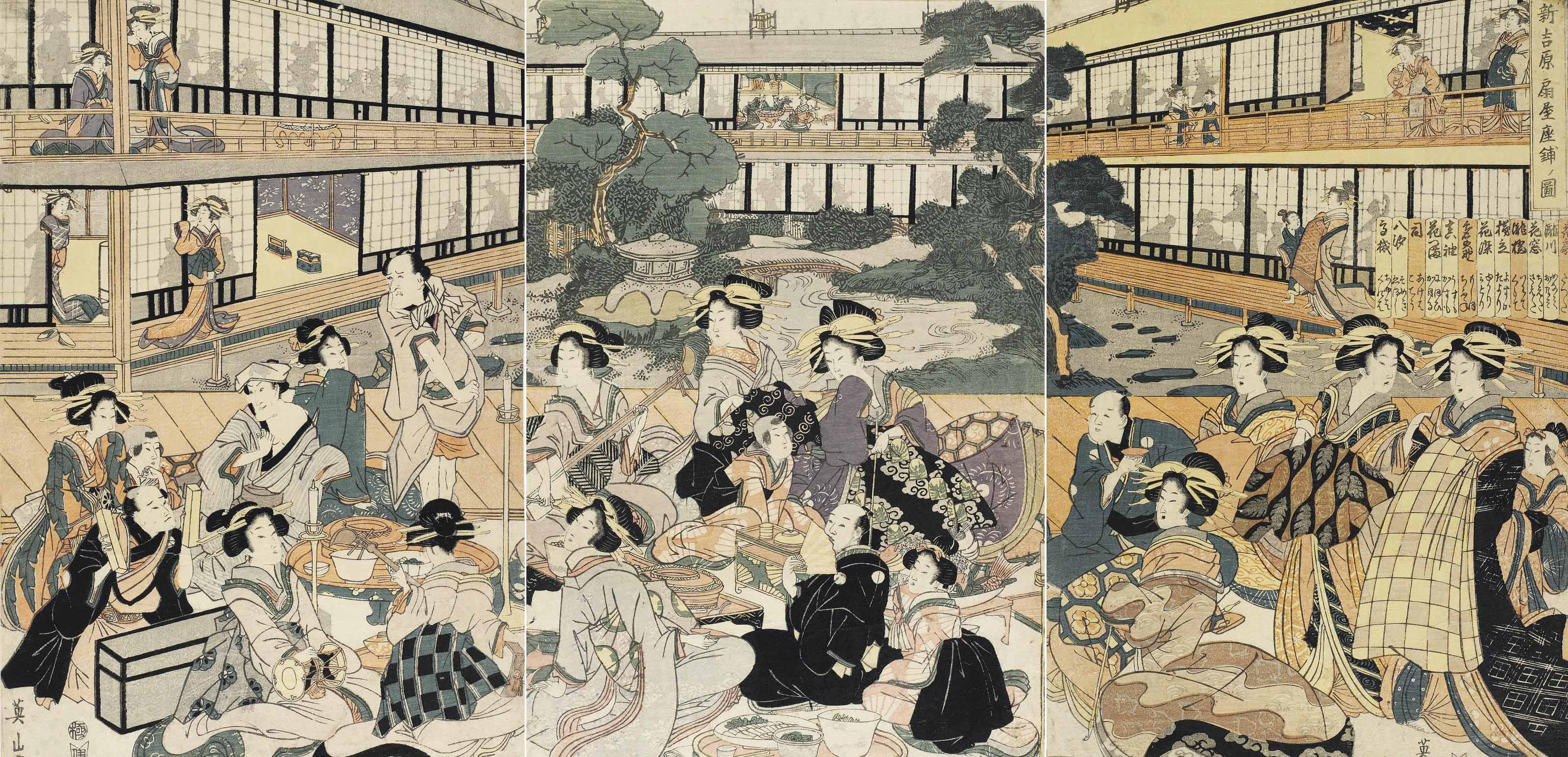 Kikugawa Eizan - A triptych depicting a group of actors and courtesans in the courtyard of the Ogiya teahouse in Shin-Yoshiwara, signed Eizan fude