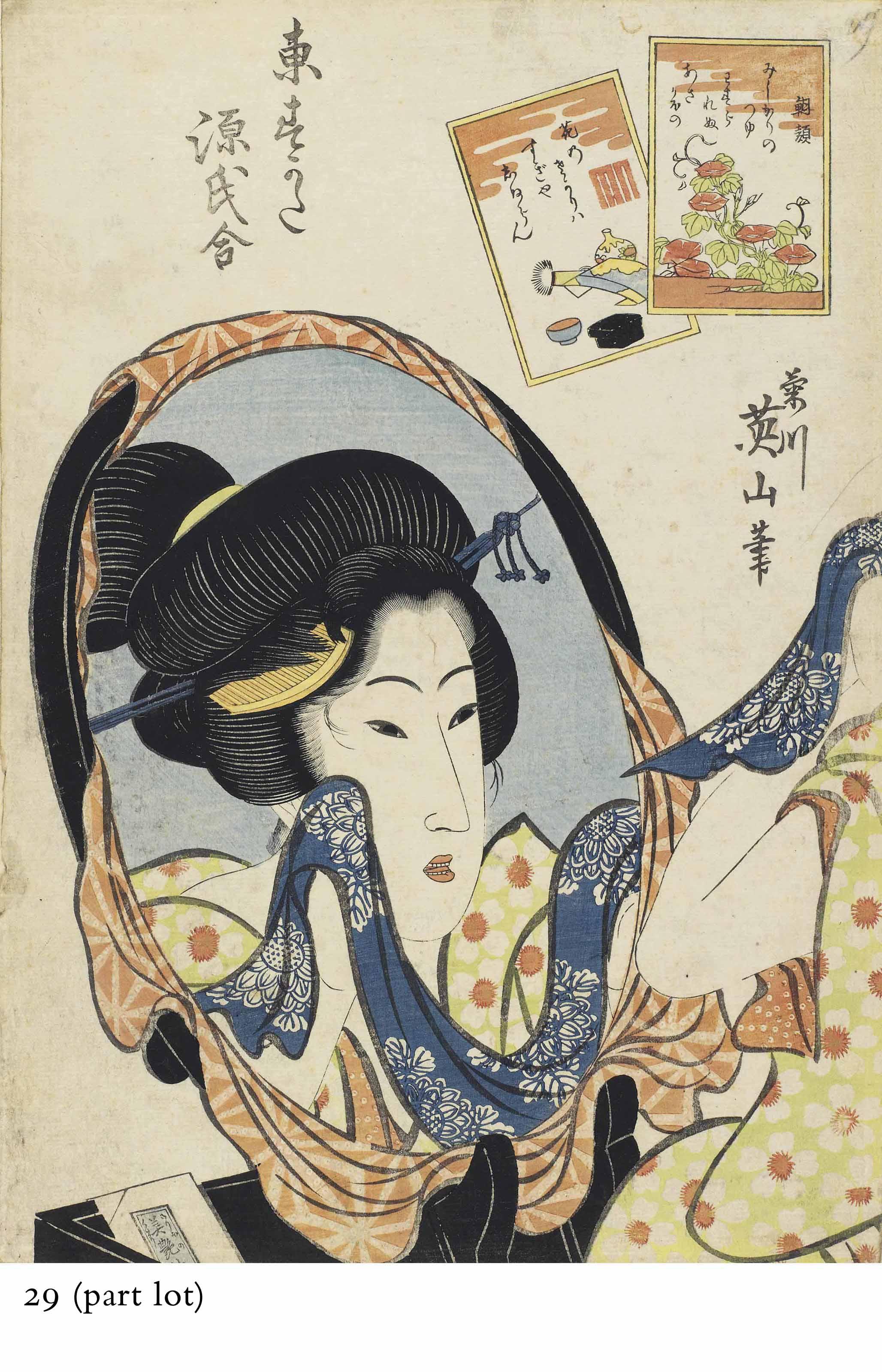 Kikugawa Eizan - Asagao from the series Azuma sugata Genji awase [Eastern Figures Matched with the Tale of Genji], signed Kikugawa Eizan hitsu, circa 1818–23, and fifteen other bijin designs, signed Eizan or Kikugawa Eizan, various publishers