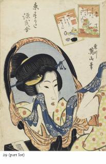Kikugawa Eizan - Asagao from the series Azuma sugata Genji awase [Eastern Figures Matched with the Tale of Genji], signed Kikugawa Eizan hitsu, circa 1818–23, and fifteen other bijin designs, signed Eizan or Kikugawa Eizan, various publishers