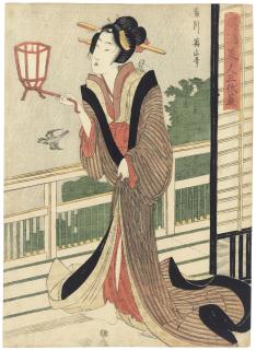 Kikugawa Eizan - Woman with a portable lamp observing a bird flying in the rain