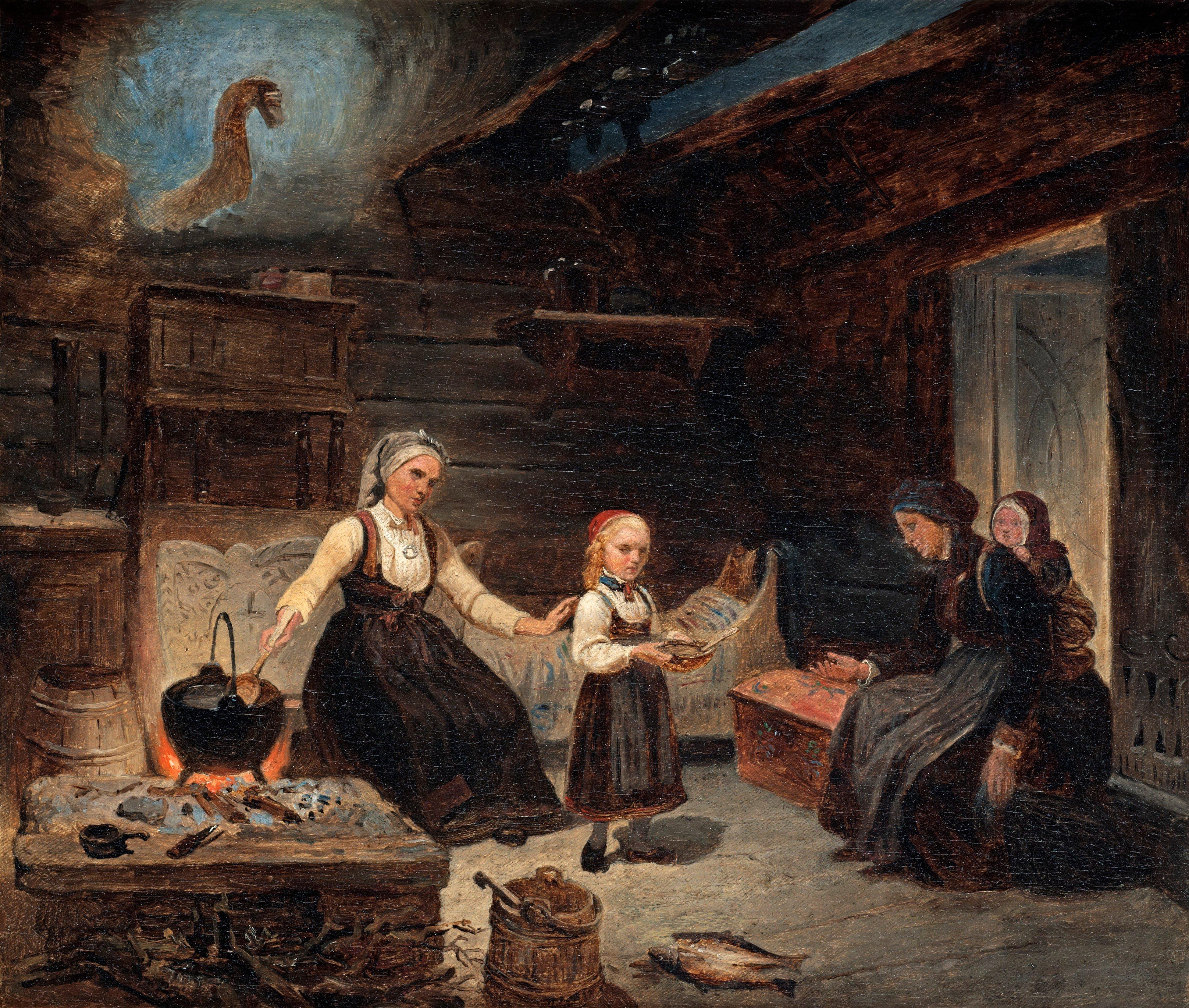 Kilian Zoll - Interior with woman and children at a kitchen hearth, giving a bowl of food to a poor and needy woman and her children