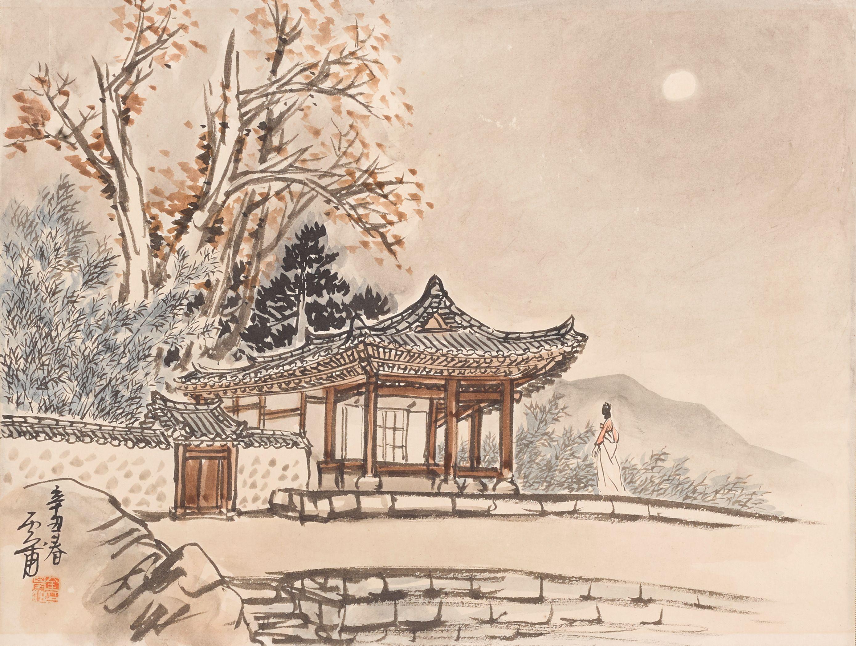 Kim Ki-Chang - Pavilion In Moonlight, Dated 1961