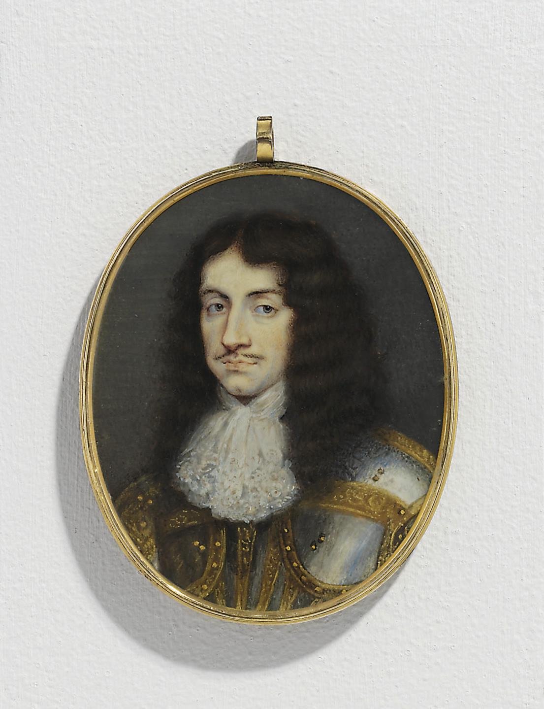 King Charles II (1630-1685), in steel cuirass and pauldrons with gilt detailing, fine French lace cravat, long brown curling periwig
