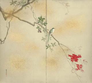 Kishi Chikudo - Long-Tailed Magpie In Red Maple With Entwined Locquats