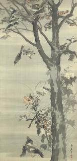Kishi Chikudo - Sparrows, pigeons and other birds and hisbiscus