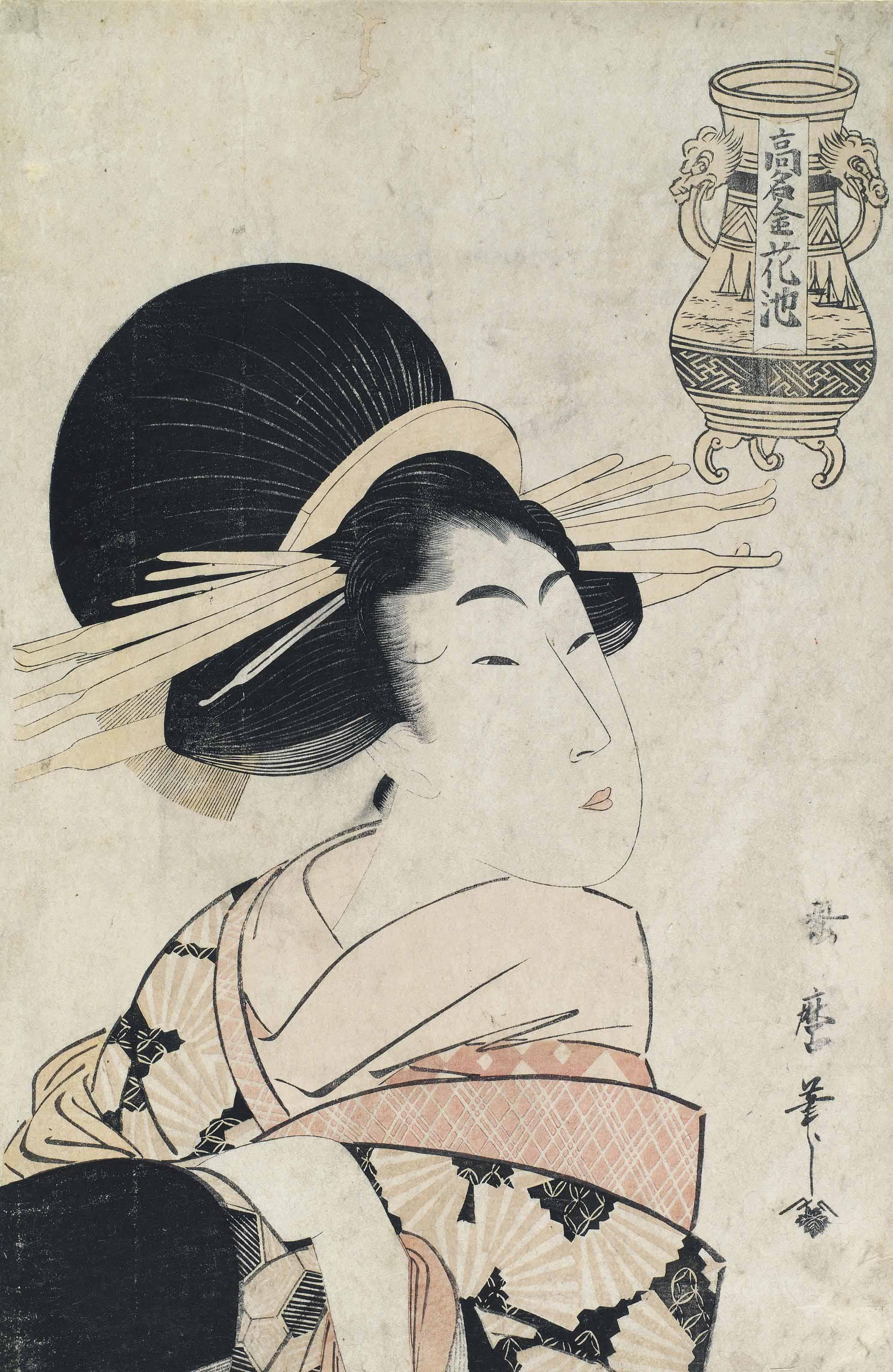 Kitagawa Hidemaro - An okubi-e [bust portrait] by one of Utamaro\'s pupils, signed Hidemaro fude
