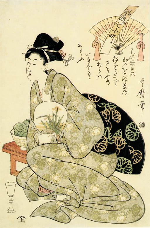 Kitagawa Utamaro II - Beauty seated with a fan from the series Furyu nana Komachi (Fashionable seven Komachi), signed Utamaro hitsu and published by Iseya Souemon--very good impression, slightly faded, tape residue on verso, slightly soiled