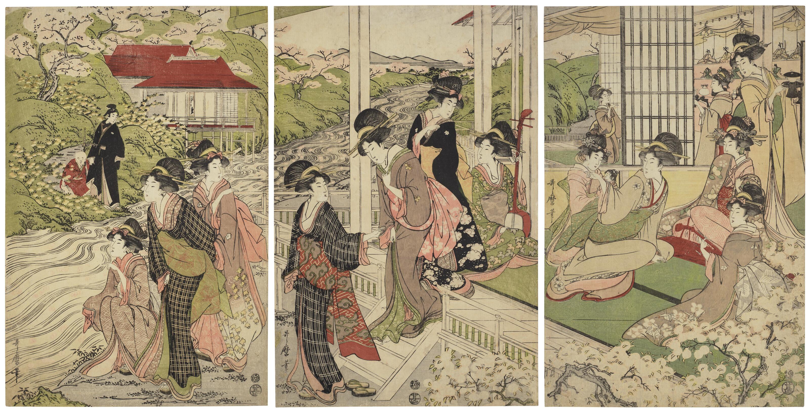 Kitagawa Utamaro - Cherry blossom viewings by a river