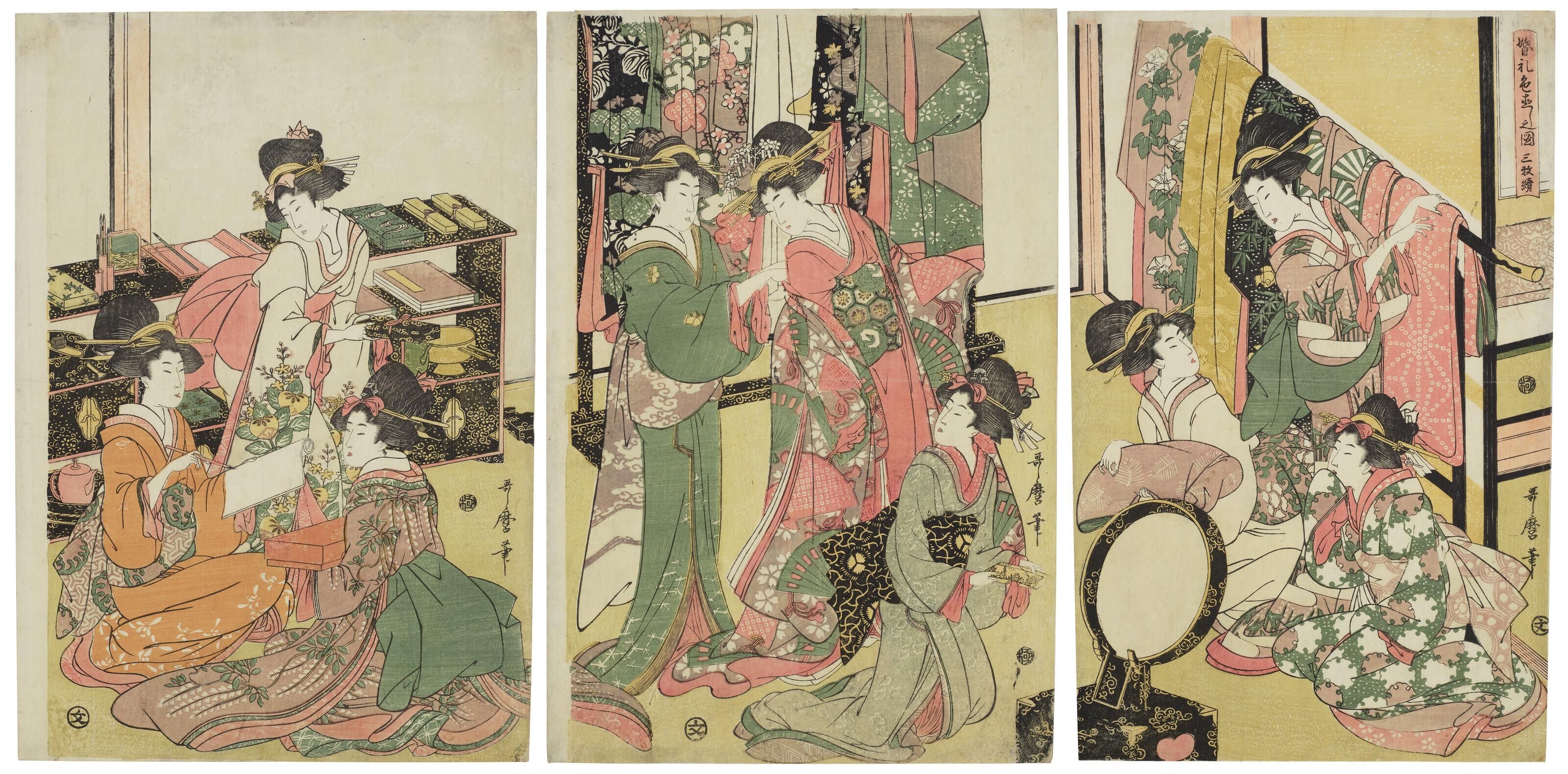 Kitagawa Utamaro - Konrei ironaoshi no zu, sanmai tsuzuki (Scene of changing cloth at wedding, a triptych)