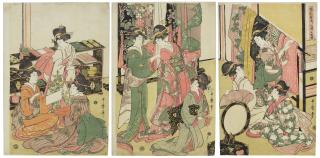 Kitagawa Utamaro - Konrei ironaoshi no zu, sanmai tsuzuki (Scene of changing cloth at wedding, a triptych)