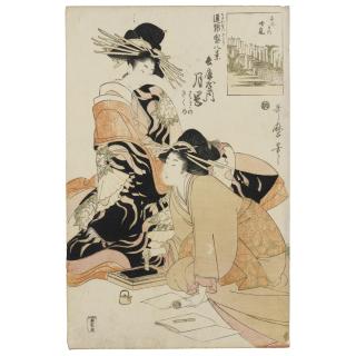 Kitagawa Utamaro - la courtisane Tsukimaro de la maison Hyogoya, de la série Kayoi Kuruwa Sakari hakkei (huit vues des maisons célèbres du Yoshiwara)