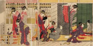 Kitagawa Utamaro - Morning parting (kinuginu) at temporary lodgings in the pleasure quarter
