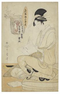 Kitagawa Utamaro - Wakanaya Uchi Shiratsuyu, Momenya No Otokoyama (Courtesan Shiratsuyu Of The Wakanaya And Otokoyama Sake By Momenya)