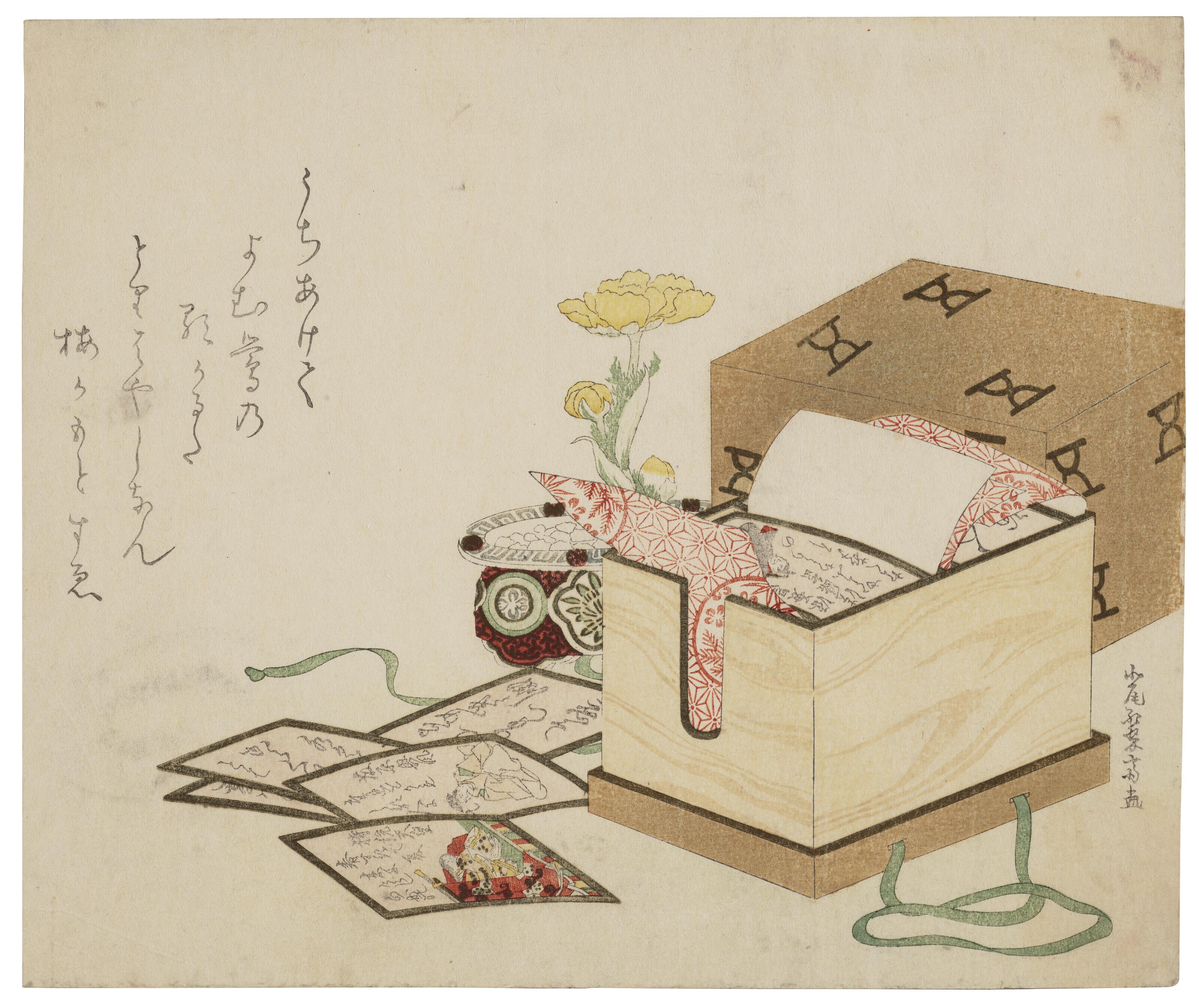 Kitao Shigemasa - A box of hyakunin isshu poem cards and an adonis flower