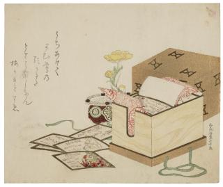 Kitao Shigemasa - A box of hyakunin isshu poem cards and an adonis flower
