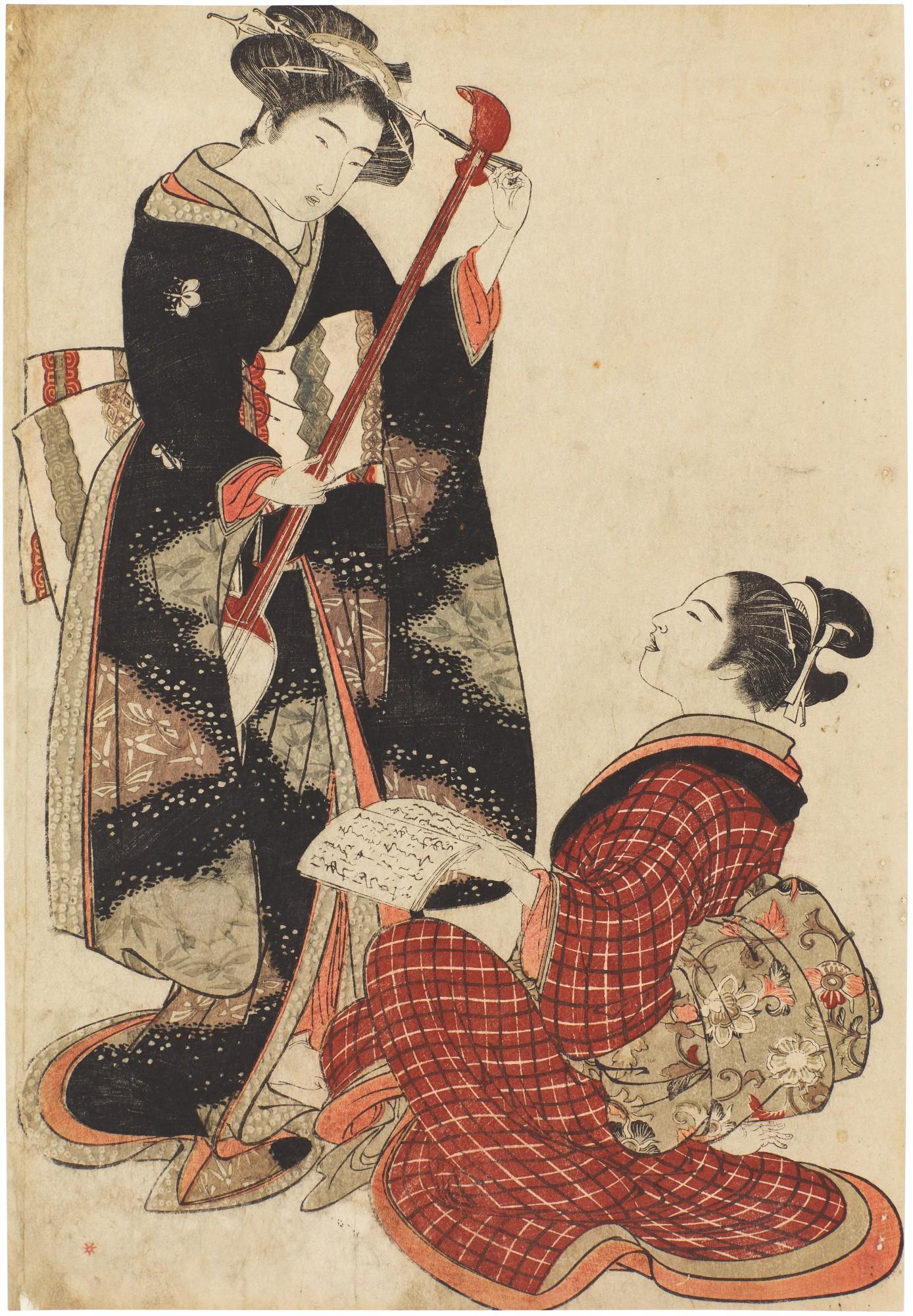 Kitao Shigemasa - Two geisha rehearsing a song