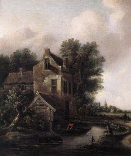 Klaes Molenaer - A fisherman in a rowing boat on a moat by a fortified mansion, peasants on a sandy track nearby