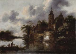 Klaes Molenaer - A river landscape with a rowing boat by a fortified town, anglers in the foreground