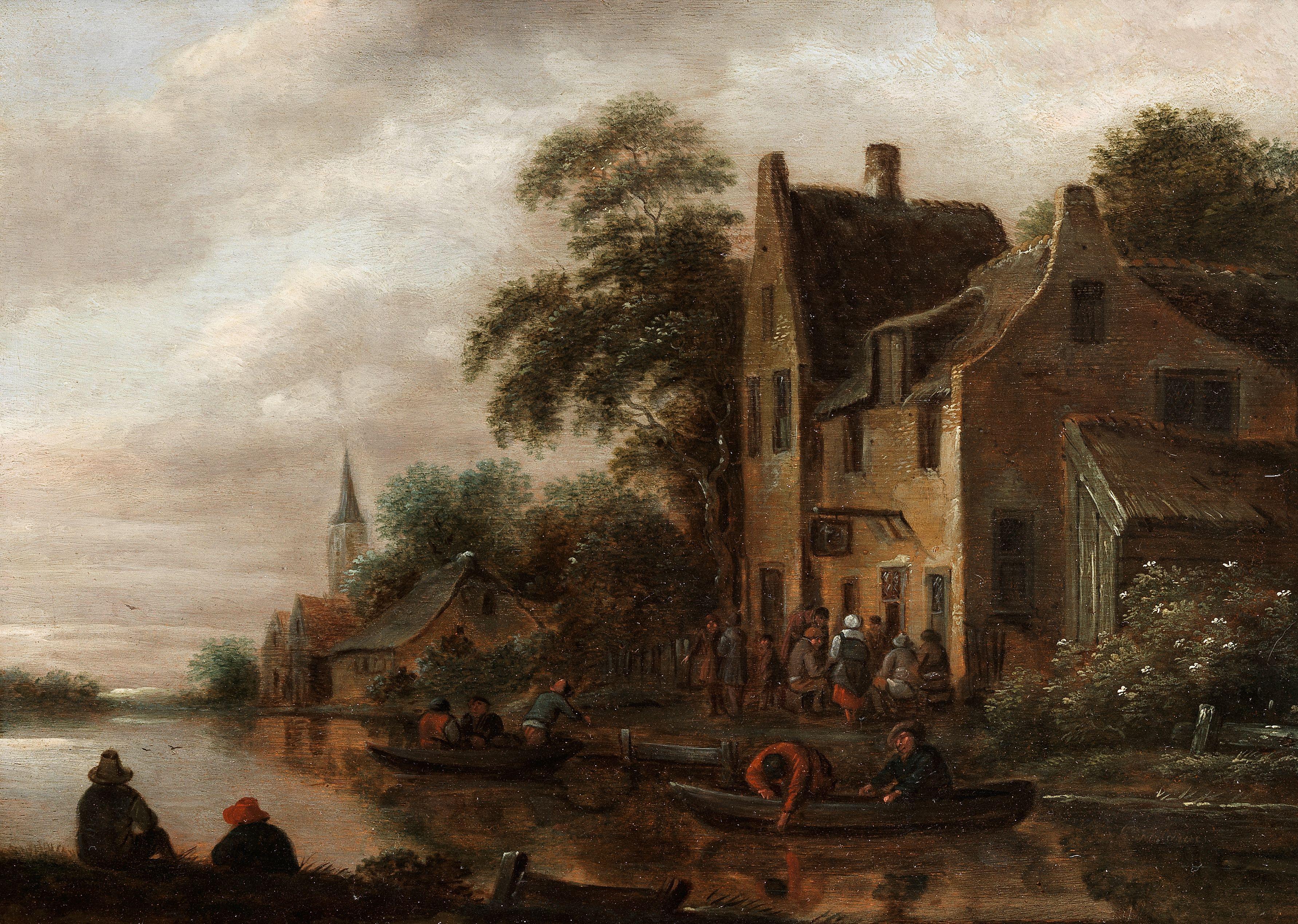 Klaes Molenaer - A River Landscape With Figures Outside An Inn; And Figures Outside An Inn (2)