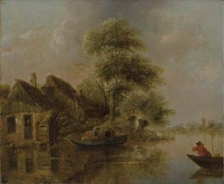 Klaes Molenaer - A river landscape with fishermen in a boat