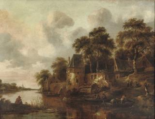 Klaes Molenaer - A river landscape with fishermen in their boats