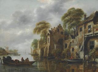 Klaes Molenaer - A river landscape with fishermen loading their nets, beside a town
