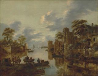 Klaes Molenaer - A river landscape with fishermen on the left bank and rowing boats and other figures near a walled town by the canal