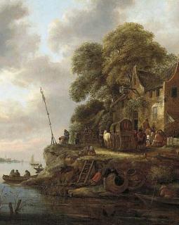 Klaes Molenaer - A river landscape with wagons and figures near an inn
