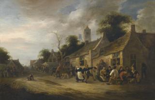 Klaes Molenaer - A Village Street Scene With Figures Dancing And Drinking