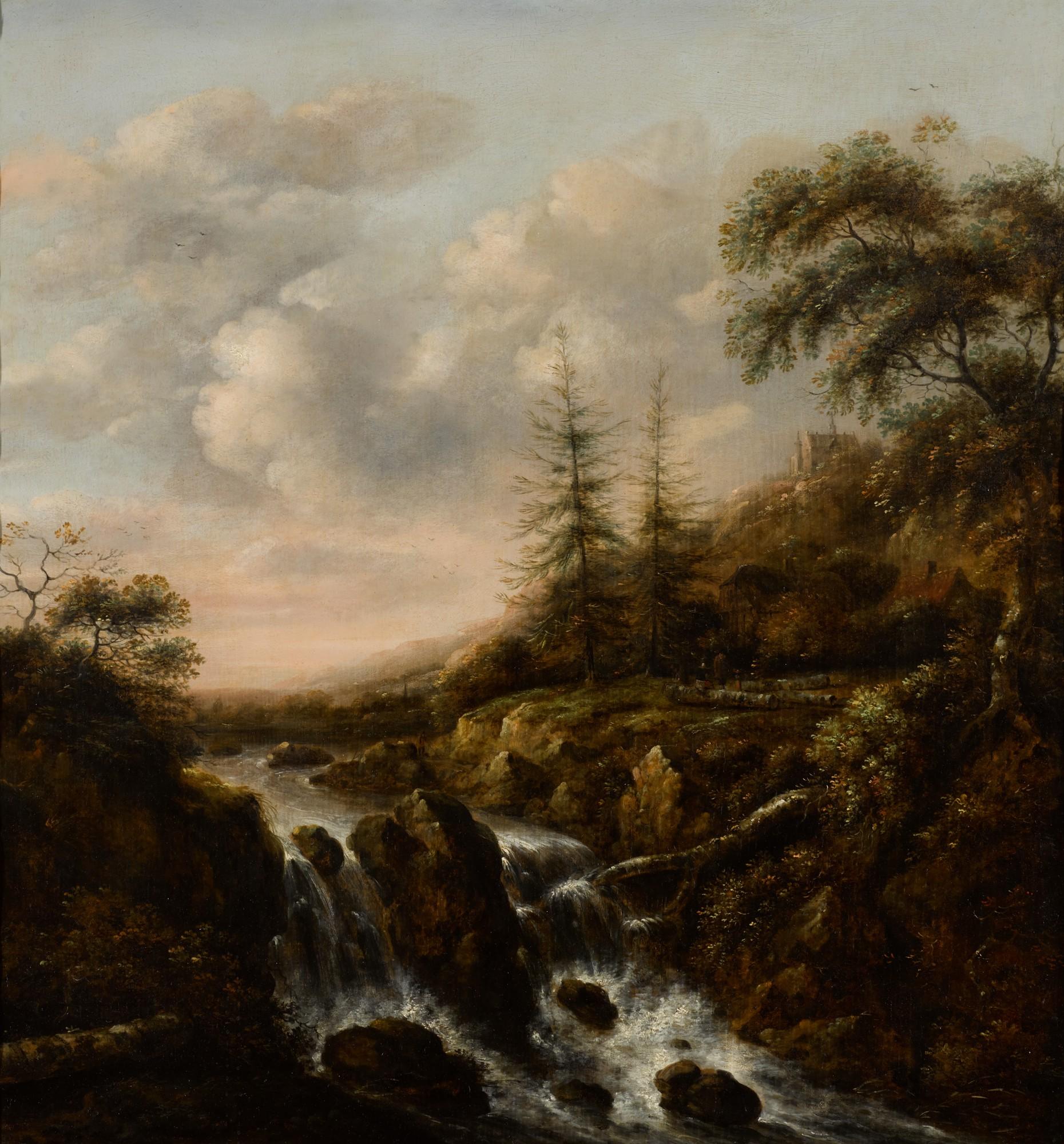 Klaes Molenaer - A Waterfall In A Mountainous River Landscape