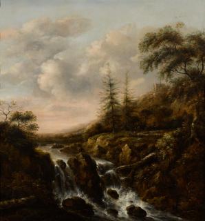 Klaes Molenaer - A Waterfall In A Mountainous River Landscape