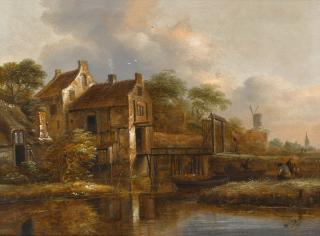 Klaes Molenaer - A watergate near a town with a mill