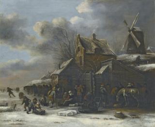 Klaes Molenaer - A Winter Landscape With A Frozen River With Skaters And A Horse Before An Inn And A Windmill On A Small Hill To The Right