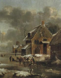 Klaes Molenaer - A winter landscape with a horse-drawn sleigh and figures