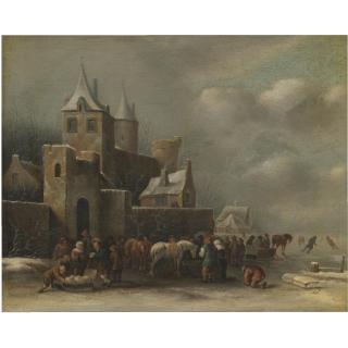 Klaes Molenaer - A Winter Landscape With Figures Conversing Outside A Village