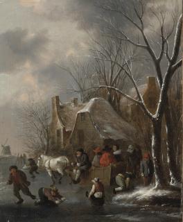 Klaes Molenaer - A winter landscape with figures desporting on the ice and a horse-drawn sledge passing a cottage