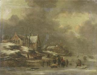 Klaes Molenaer - A winter landscape with figures skating on frozen water, a village nearby