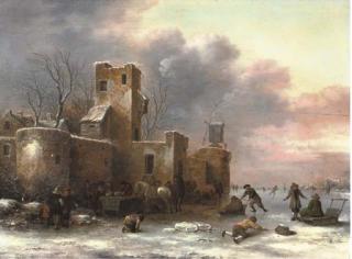 Klaes Molenaer - A Winter Landscape With Figures Skating Outside A City Wall