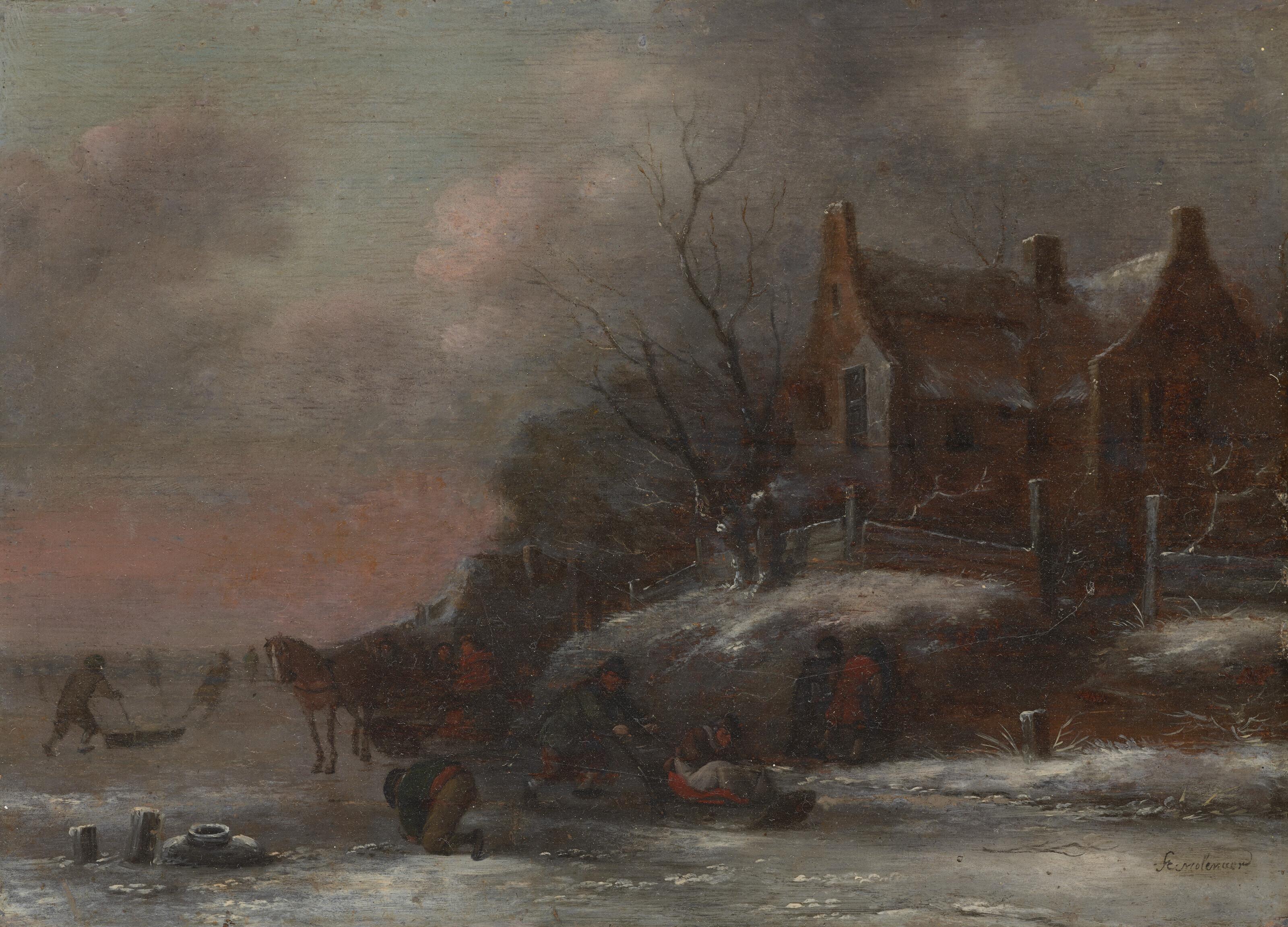 Klaes Molenaer - A winter landscape with figures sledding on a frozen river