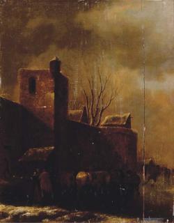 Klaes Molenaer - A winter landscape with peasants on a frozen waterway outside a town wall
