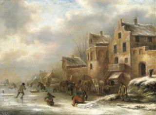Klaes Molenaer - A winter landscape with skaters by a village