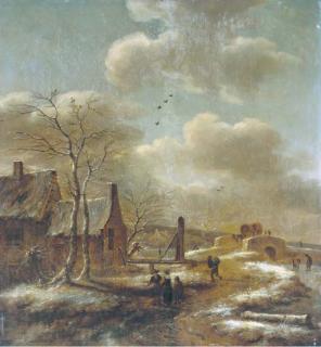Klaes Molenaer - A Winter Landscape With Travellers Before A Farm, A Stone Bridge Beyond