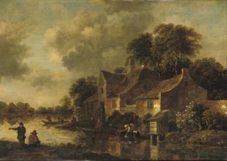 Klaes Molenaer - A wooded river landscape with a washerwoman and fishermen near a farmsted