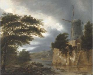 Klaes Molenaer - A Wooded River Landscape With A Windmill