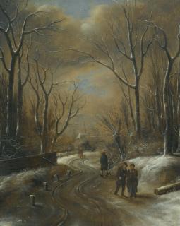 Klaes Molenaer - A Wooded Winter Landscape With Figures Walking Along A Path, A Church Steeple Beyond
