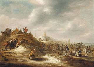 Klaes Molenaer - The beach at Scheveningen, with elegant figures and fishermen selling their catch