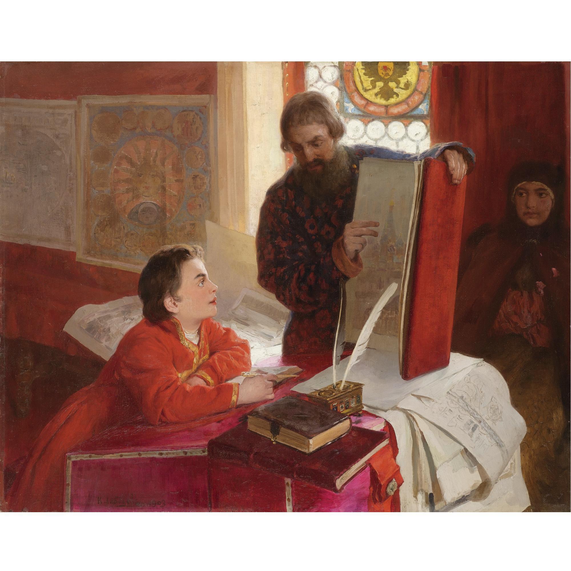 Klavdi Vasilievich Lebedev - The Dyak Zotov Instructing The Tsarevich Petr Alexeevich In His Letters