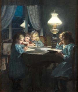 Knud Erik Larsen - Children Reading By Lamp Light