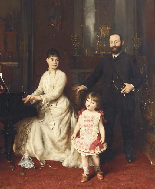 Knut Ekwall - Portrait of a Gentleman and his wife with their young child in an interior